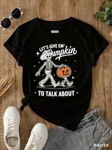 Women's T-Shirt With Fun Pumpkin And Skeleton Print 'Let's Give Em' - Casual Summer T-Shirts For Women, 100% Cotton, Soft, Breathable, Loose Fit, Summer Clothes For Women, Urban Wear, Outfit For Parties And Festivals, Suitable For Spring, Summer And Autumn. - 黑色 - 查看 1