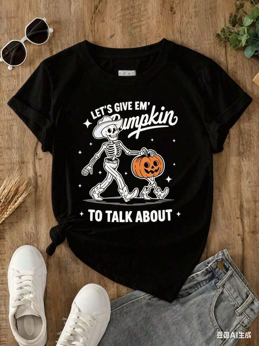Women's T-Shirt With Fun Pumpkin And Skeleton Print 'Let's Give Em' - Casual Summer T-Shirts For Women, 100% Cotton, Soft, Breathable, Loose Fit, Summer Clothes For Women, Urban Wear, Outfit For Parties And Festivals, Suitable For Spring, Summer And Autumn. - 黑色 - 查看 1