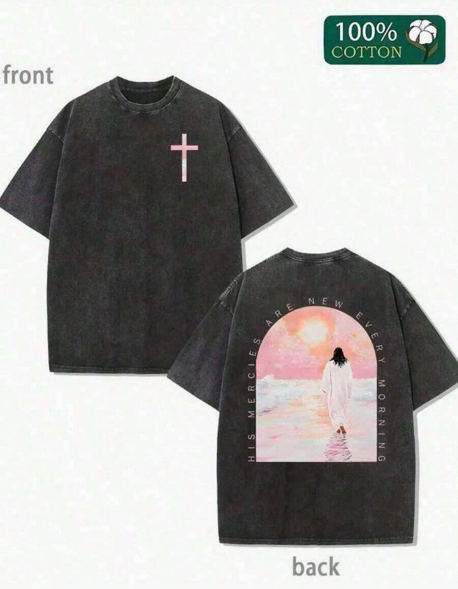 Tops de Verano 2026, Estampado Elegante de Cruz y Jesús, Camiseta Lavada con Estilo Retro Urbano.Sencilla y versátil, la camiseta de puro algodón es de alta calidad, novedosa y a la moda, y es un artículo imprescindible en primavera y verano. Holgada y cómoda. - Negro - Ver 1