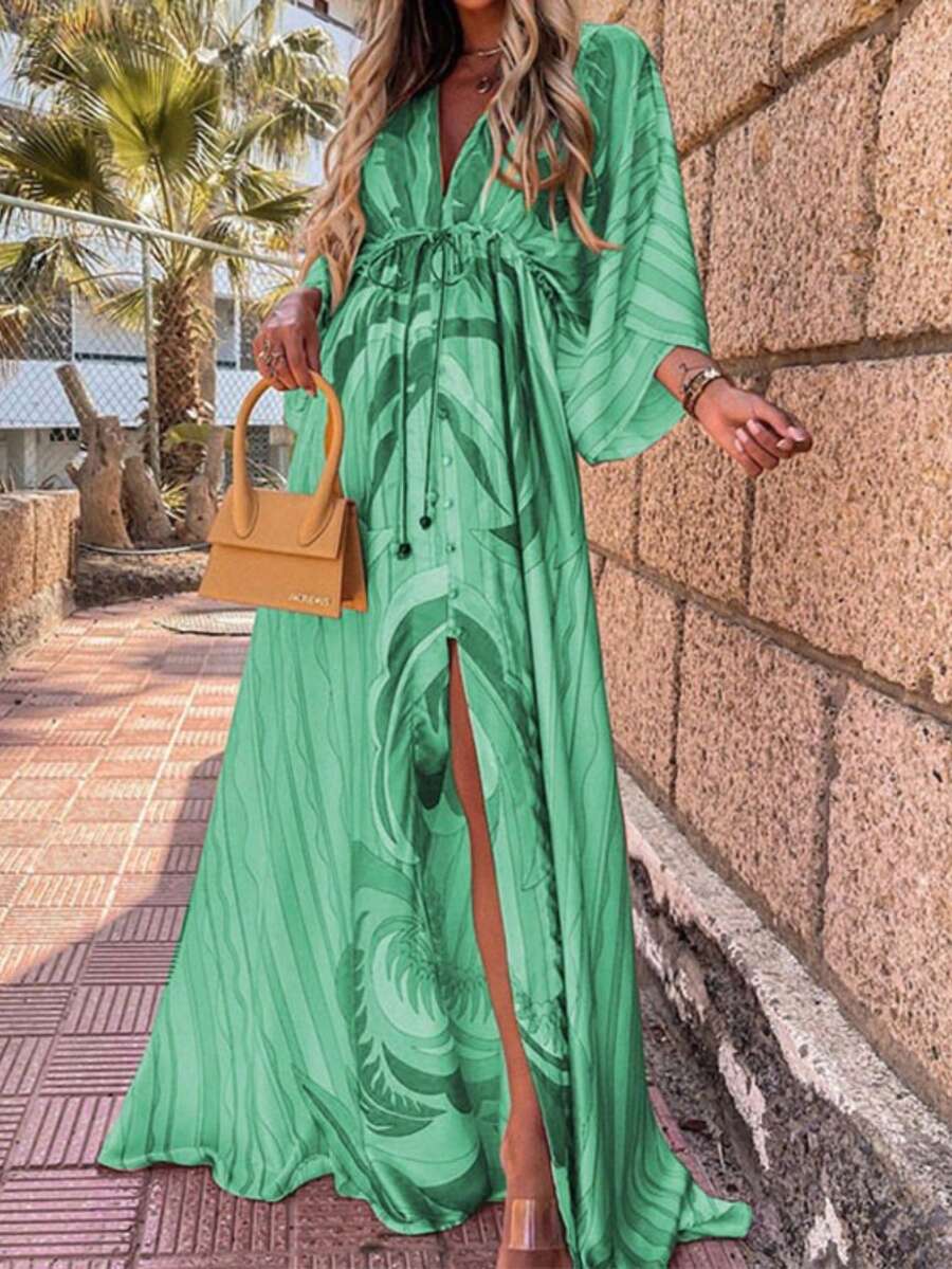 Loose-Fitting Printed Dress With Ties And A Wide Skirt, Spring 2026 - Green - View 1