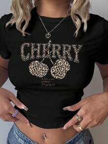 3 Minimalist Casual Long-Sleeved T-Shirts With A Round Neck, Leopard Print, Bow, And Cherry Motif, New York Style, For Women, Suitable For Summer And Back To School. | Exquisite Design | Loose And Comfortable | Easy To Match | - 黑色 - 查看 3