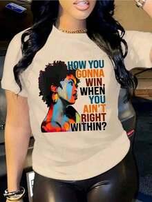 1 pieza de camiseta casual de manga corta suave con estampado gráfico "How You Gonna Win", camiseta gráfica vintage casual, estilo hip hop informal para vacaciones, tops de moda de verano para uso diario. - Albaricoque - Ver 7