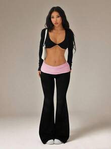 Pantalones acampanados con cintura plegable de color contrastante para mujer - Negro 3 - Ver 3