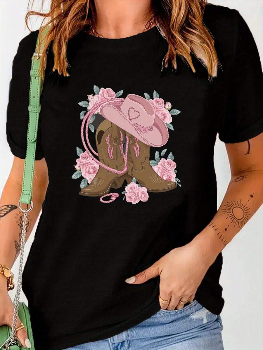 Western Cowgirl Boots And Hat Print T-Shirt, Casual Short-Sleeved Crew Neck T-Shirt For Spring And Summer, Women's Clothing. A Very Distinctive Printed T-Shirt / Unisex Style / Suitable For Both Men And Women / Wrinkle-Resistant / Breathable - 黑色 - 查看 1