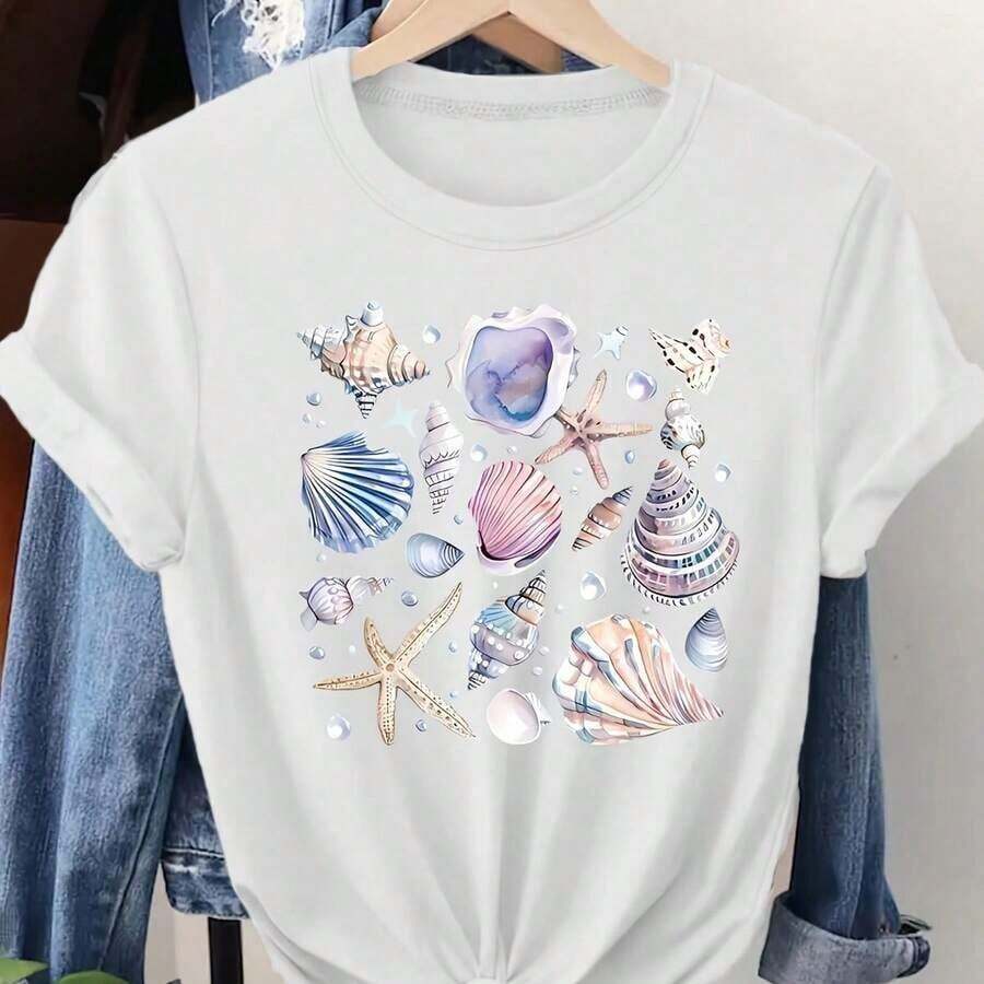 Women's Casual Round Neck T-Shirt | Featuring Prints Of Sea Creatures, Shells And Starfish, Suitable For Everyday Wear In Spring And Summer, Ocean-Themed Top, Short-Sleeved Women's T-Shirt, Printed Short-Sleeved Round Neck T-Shirt For Daily Wear And Travel. - 白色 - 查看 1
