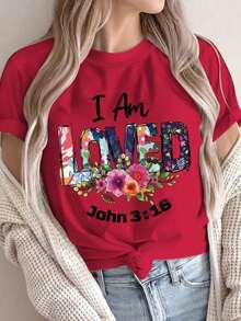 Women's Inspirational Polyester Fiber T-Shirt, Printed With "I Am Loved" John 3:16, Casual Round Neck, Short Sleeves, Breathable Knit Fabric, Comfortable For All Seasons, 180 Grams Per Square Meter - Regular Fit. - 紅色的 - 查看 6