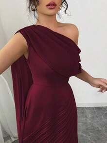 Vestido largo elegante de mujer con un hombro, de gasa, con pliegues brillantes, para primavera/verano - Burdeos - Ver 4