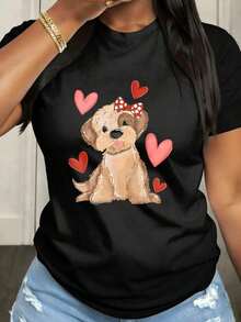Women's Valentine's Day T-Shirt With Puppy Design, Round Neck, Short Sleeve, Medium Elasticity Fabric, Suitable For Spring, Summer And Autumn Casual Wear, Machine Washable, Fun Design - Hitam - View 7