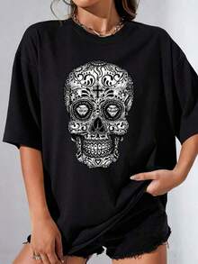 Women's Diamond Eyes Cross Black White Sugar Skull Day Dead T-Shirt Set, 100% Polyester, Plus Size, Casual, Fun, Graphic Print, Short Sleeve, 1 Piece, Novelty Crew Neck T-Shirt - 黑色 - 查看 1