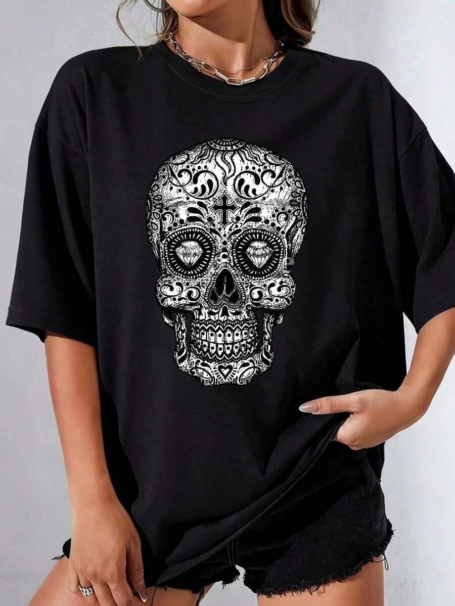 Women's Diamond Eyes Cross Black White Sugar Skull Day Dead T-Shirt Set, 100% Polyester, Plus Size, Casual, Fun, Graphic Print, Short Sleeve, 1 Piece, Novelty Crew Neck T-Shirt - 黑色 - 查看 1