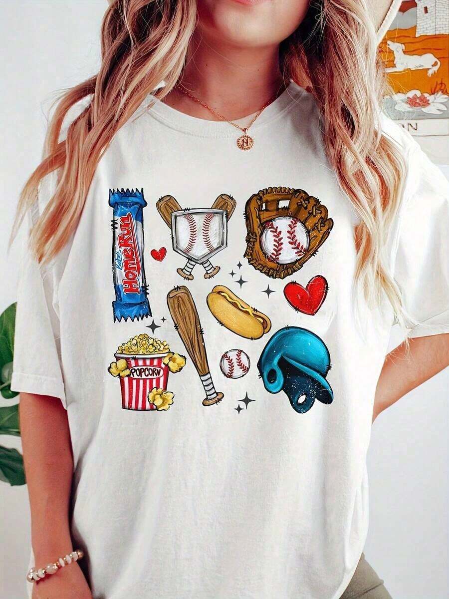 Women's Vintage Baseball T-Shirt - Soft And Lightweight, 180 G/M², Loose Fit, Short Sleeves And Crew Neck, Casual Summer Top With Retro Bat, Ball And Baseball Player Design - Breathable For All Seasons, Ideal For Events And Casual Wear - Bohemian Ladies' T-Shirts, Women's Basic T-Shirt Top - 白色 - 查看 1