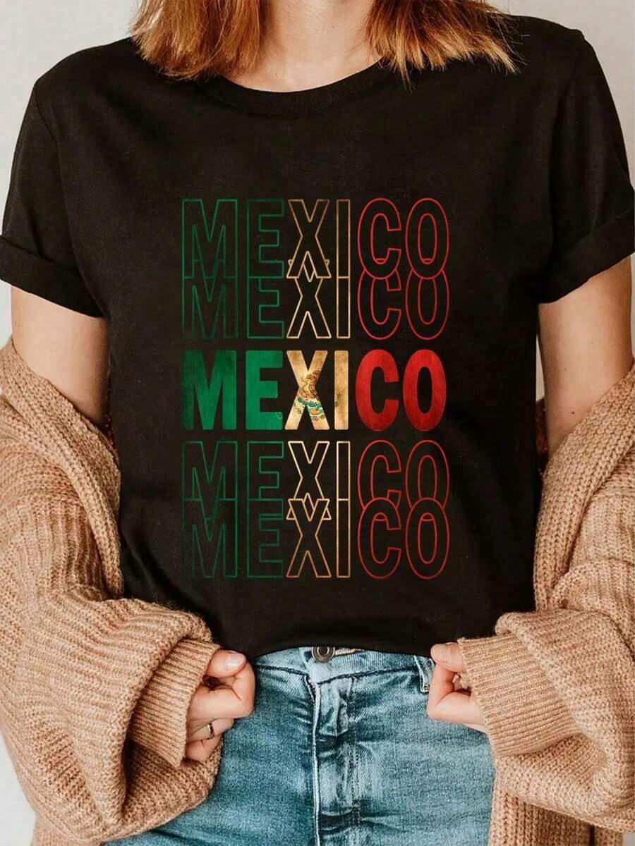 Playera mujer100% Mexico Mexican FlagCasual diario - Negro - Ver 1