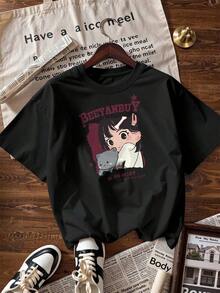 Anime Girl And Gray Kitten T-Shirt, Fashionable Short-Sleeve T-Shirt For Spring/Summer 2026, Made In Mexico, 180 Grams. Cartoon Print, Couple Design, Suitable For Indoor Or Outdoor Wear. Crew Neck, Unisex, Ideal For Office And Leisure. One-Pack. - BK-P631577SLNDXZGY570 - 查看 4