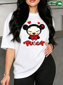 Camiseta para mujer de poliéster en color gris con estampado de personaje Pucca y corazones – casual y de uso diario, envío nacional en México - Blanco - Ver 7