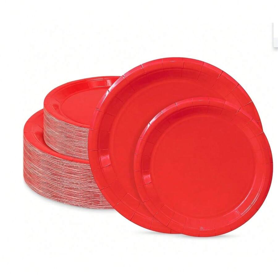 50/25/10 piezas Juego de vajilla desechable roja para fiestas, que incluye bandejas, platos de postre para fiestas (opciones de 7" y 9"), platos para ensaladas, adecuados para pasteles, ensaladas, pizzas, baguettes, sushi, frutas, ideal para fiestas de cumpleaños, reuniones familiares, aniversarios, graduaciones, decoraciones de cumpleaños, bodas, comidas al aire libre, meriendas, Día del Padre, Navidad, regalos para maestros - Multicolor - Ver 1