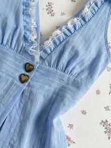 Camisa sin mangas con cuello en V rosa a rayas, encaje y parches, camisa sexy y elegante para fiestas, encanto sexy para vacaciones en la playa, festival de música Y2K primavera/verano - Azul - Ver 4