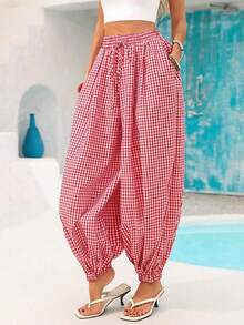 Pantalones holgados de tiro alto con bolsillos y estampado de cuadros para mujer, ideales para vacaciones, estilo vacacional, atuendos de verano. Pantalones holgados con cintura elástica y estampado de cuadros, adecuados para la oficina, negocios, vacaciones, uso casual, diario, universidad, viajes. Nuevos pantalones de verano para mujer, pantalones de trabajo, pantalones envolventes, pantalones de trabajo para mujer. - Rojo - Ver 3