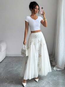 Nueva llegada Falda blanca romántica de patchwork para mujeres - Blanco - Ver 3