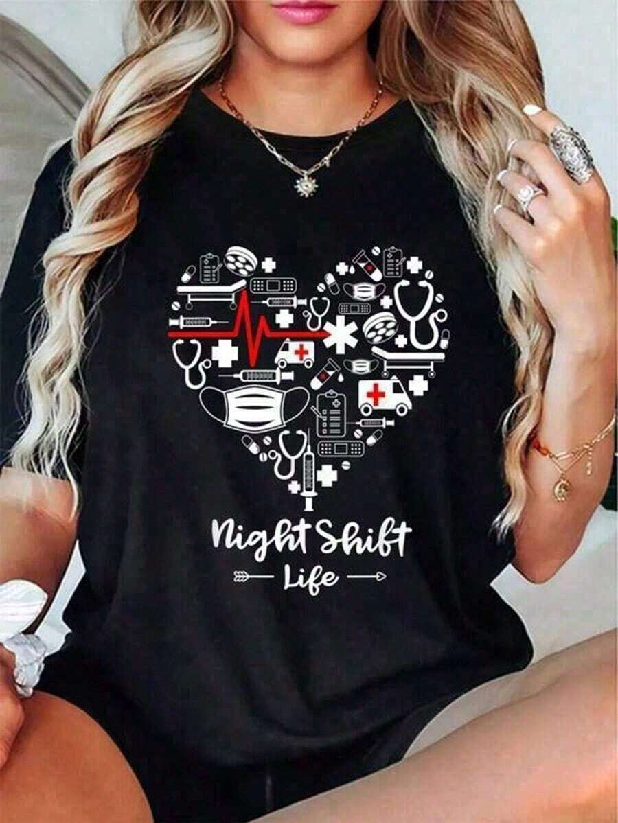 Camiseta de manga corta 1 pieza, camiseta de mujer, 100% algodón, camiseta divertida con diseño de corazón para el turno nocturno, camiseta de enfermera, camisetas gráficas, camisetas lindas de verano para mujer, Puppy Kepp, camisetas gráficas, camisetas vintage, 180g 100% algodón (S-3XL) Verano - Negro - Ver 1