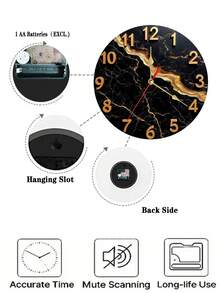 Modern Black Marble Wooden Wall Clock With Golden Hands & Large Face - Luxury Elegant Minimalist Design, Silent Non-Ticking Battery-Powered Quartz Movement, Black & Golden Marble Texture For Living Room, Office, Bedroom Decor - Easy-To-Read White Numerals, Ideal Gift (Batteries Not Included), Wall Clocks For Home Decor, Vintage Wall Clock, Clock For Living Room Wall, Wall Clock Living Room Elegant, Wall Clock Decorative, 2D Flat - Multicolor - View 5
