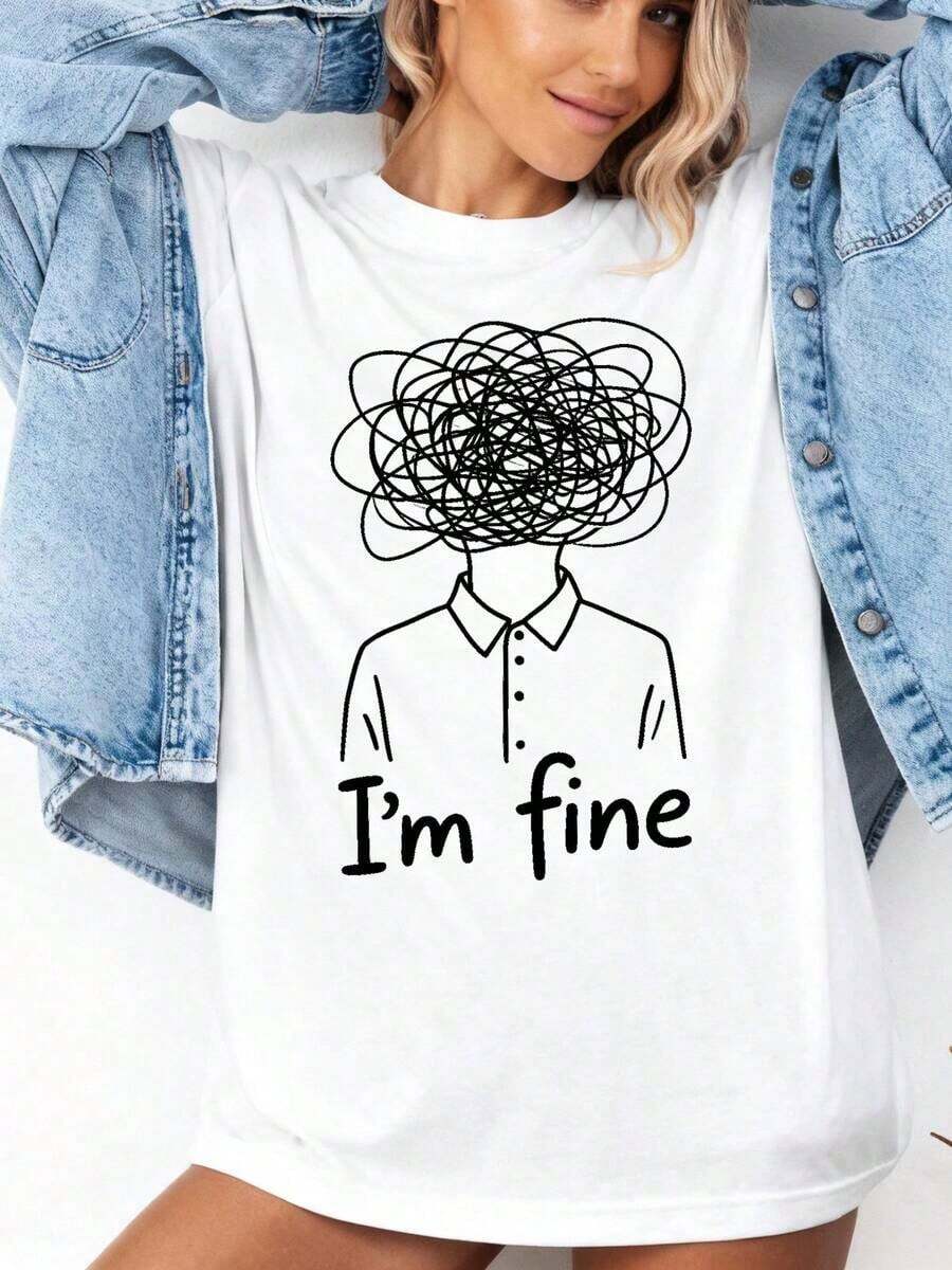 Sudadera Casual de Cuello Redondo para Mujer con Estampado "I'm Fine-1Pure-Cotton" - Blanco 3 - Ver 1