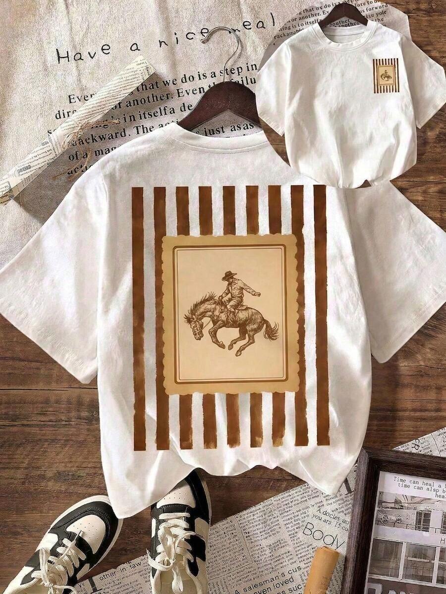 Camiseta de mujer de estilo vaquero occidental, para vacaciones, camiseta de mujer, de verano, camiseta casual de mujer de cuello redondo y manga corta, color blancoCamiseta Algodón - Blanco - Ver 1