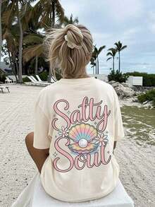 Camiseta Casual de Verano para Mujer, Estilo Dulce, con Estampado de Concha, Perla, Flor y Salty Soul, Manga Corta, Cuello Redondo, Algodón Puro, Corte Holgado con Hombros Caídos - Blanco - Ver 9