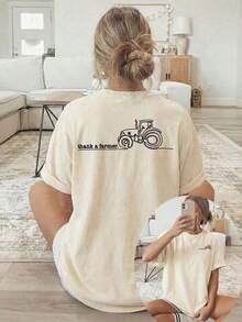 Camiseta de manga corta con cuello redondo para mujer, ideal para vacaciones de verano, con un estampado de tractor y el texto "Gracias a un agricultor". Lavable a máquina, adecuado para uso casual, ropa multiusos, moderna y tipo camiseta, material cómodo, 100% algodón. - Albaricoque - Ver 6