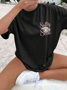 Women's Casual Summer T-Shirt, Sweet Style, With Shell, Pearl, Flower And Salty Soul Print, Short Sleeve, Round Neck, Pure Cotton, Loose Fit With Dropped Shoulders - 黑色 - 查看 2