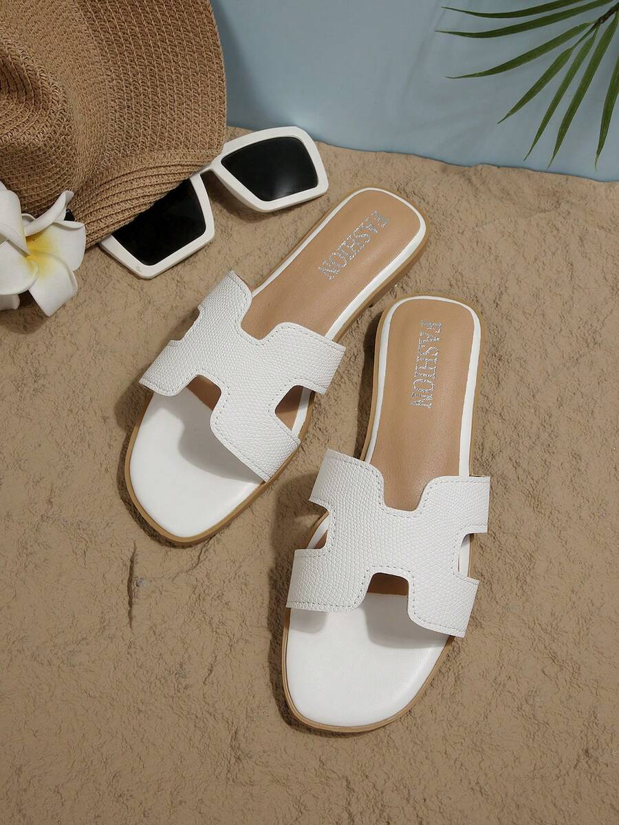 Dép sandal nữ quai chữ H đế bệt, mũi vuông, kiểu slide casual, màu trơn phong cách Bohemian, phụ kiện thiết yếu cho đi biển và du lịch mùa hè - trắng - Xem 1