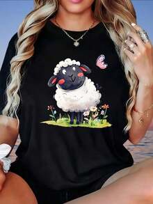 Camiseta holgada de mujer con estampado de ovejas y mariposas, top casual de verano con diseño floral, camiseta de mujer, 220g, playeras de mujer - Negro - Ver 1