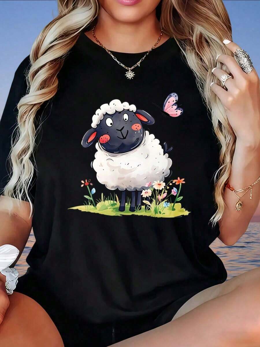 Camiseta holgada de mujer con estampado de ovejas y mariposas, top casual de verano con diseño floral, camiseta de mujer, 220g, playeras de mujer - Negro - Ver 1