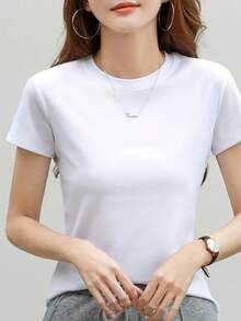 Camiseta de Moda para Mujer, de Color Sólido, Cuello Redondo, Manga Corta, Cómoda, de Algodón Estampado, Corte Holgado IEZS - Blanco - Ver 4