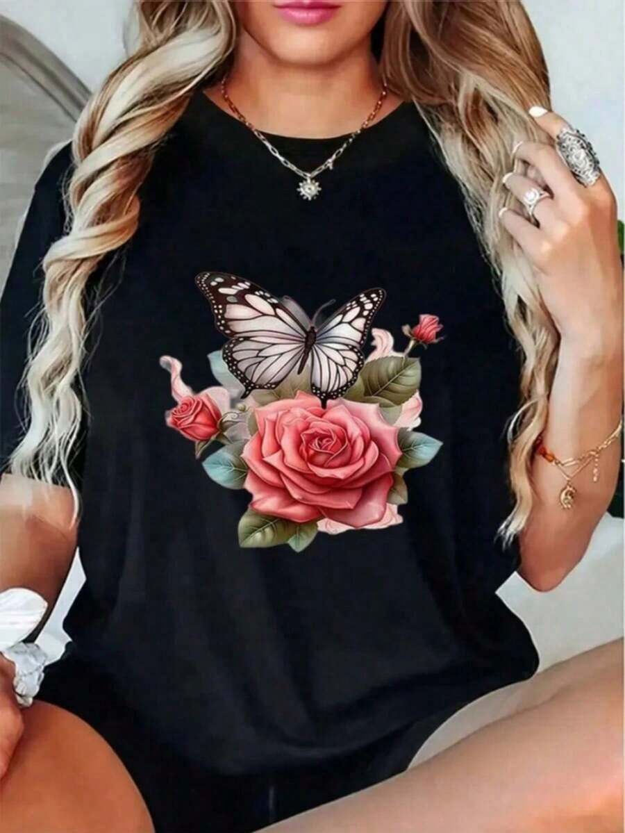 Camisetas Casuales para Mujer, Camiseta Floral con Estampado de Mariposas, Rosas Rosadas y Follaje Verde - Blusa de Manga Corta con Cuello Redondo, Suave y Elástica, Estilo Y2K, Camisetas de Moda de Verano, Conjuntos y Tops Casuales de Streetwear - Negro - Ver 1