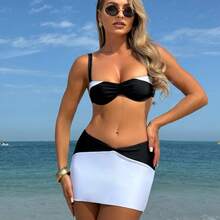 Nuevo traje de baño de tres piezas, moderno y sexy, para mujer, bikini de dos piezas, traje de baño de gran . - 9294 Juego de tres piezas en blanco y negro - Ver 2