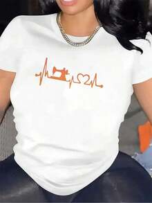 CamisetaDeMangaCortaParaUsoEnLaOficinaEnCasa,ConDiseñoDeLatidoCardíaco,TejidoCómodoYDuradero,IdealParaUsoDiarioCasual,TopEleganteYLigeroParaLaModaFemeninaWomenStandardSizeCasualT-ShirtBreathableLightweightShortSleeveTee - Blanco - Ver 7
