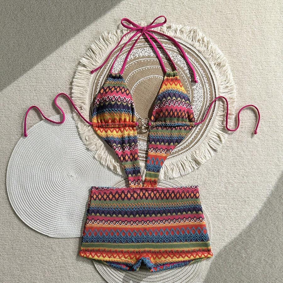 Traje de baño bohemio de una pieza estilo bóxer para vacaciones en la playa 2026 - Z26014 Rojo Rosado - Ver 1