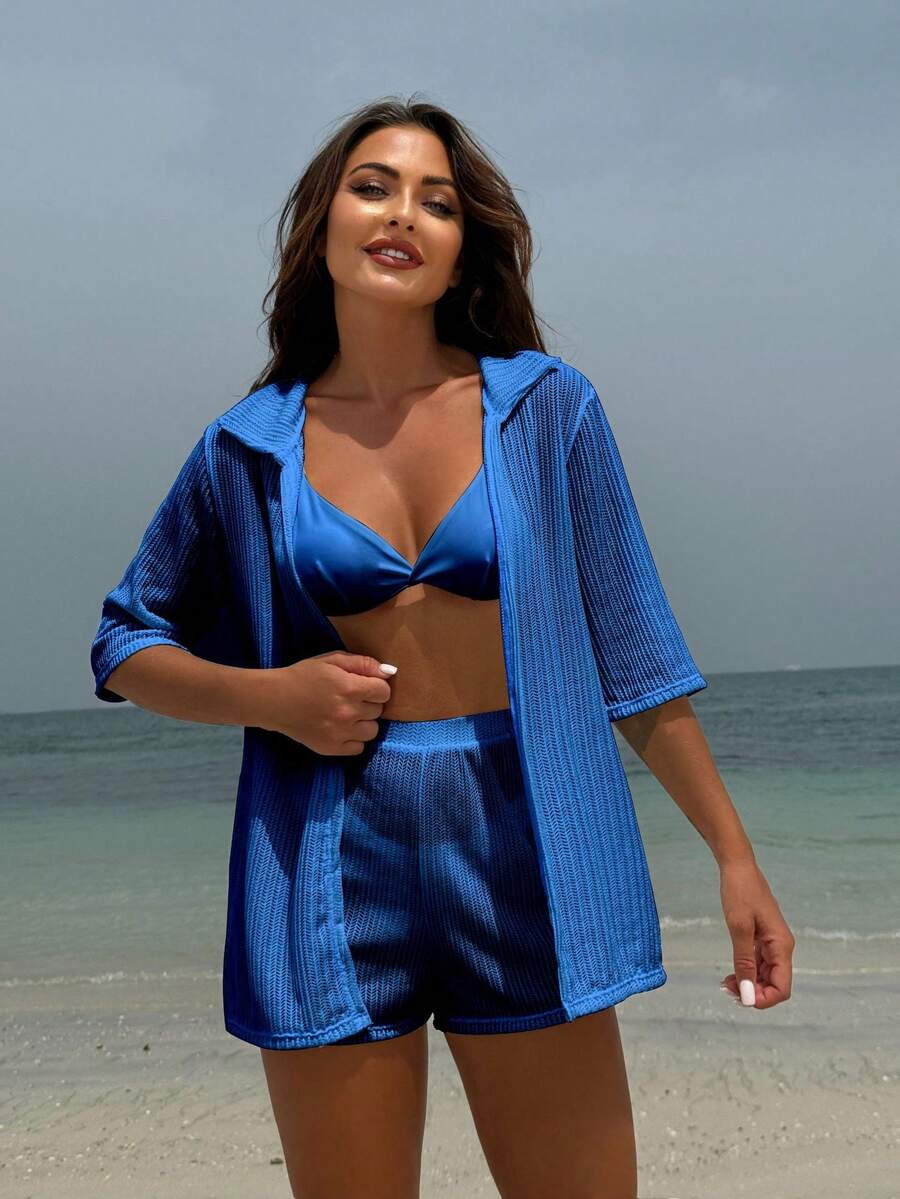 Conjunto de traje de baño de cuatro piezas de color sólido, que incluye camisa de malla para protección solar y pantalones cortos. - Juego de tres piezas azul 9199 - Ver 1
