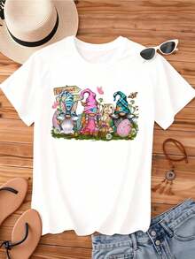 Women's Vintage Round Neck T-Shirt With Easter Gnomes And Bunnies Print, Short Sleeve, Casual Spring Festival Clothing, Graphic Tee - 白色 - 查看 2