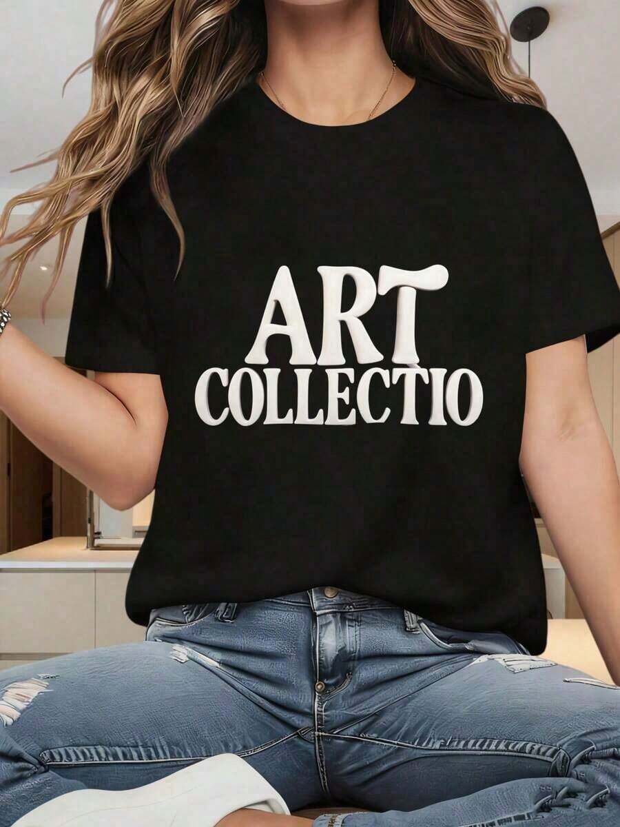 Camiseta de manga corta con cuello redondo para mujer LooseEssential, camiseta negra de la colección Art Collection para mujer, top informal de moda, camiseta gráfica estilo streetwear. El estampado divertido es adecuado para fiestas de Navidad, actividades deportivas, salidas de fiestas, deportes y otros regalos navideños (220g). Tops de Verano para Mujer, Cuello Redondo, Ajustados, de Manga Corta, de Algodón, Suaves y Casuales, Camisetas Básicas de Cuello Redondo para Mujer - Negro - Ver 1