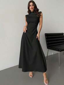 Vestido maxi de línea A con cuello alto, sin mangas, con volantes, elegante y romántico, color blanco, adecuado para citas, uso diario y el trabajo - Negro - Ver 7