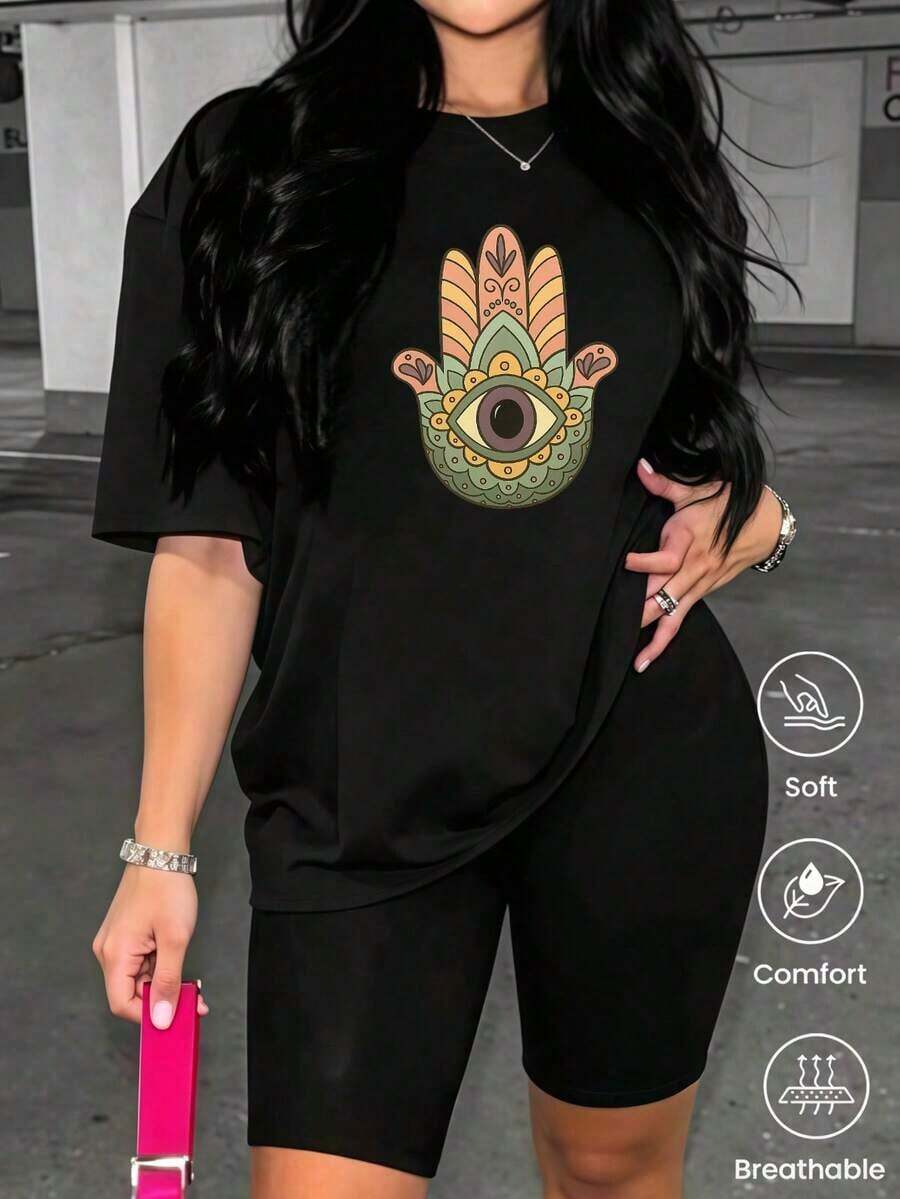 Camiseta de cuello redondo y mangas cortas de ropa fashion, fabricada en México, para la temporada primavera-verano 2025. Con estampado de dibujos animados, es un modelo de pareja, apta para usar tanto por dentro como por fuera, ideal para oficina y estilo casual, diseñada para hombres y mujeres, en unidad individual. - Negro - Ver 1