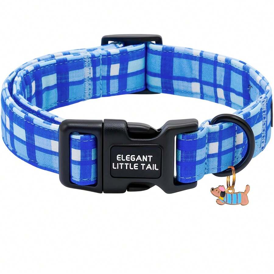 Elegant Small Tail Dog Collar, Cute Blue Plaid Pattern Puppy Collar, Adorable Pet Gift, Lightweight Plastic Adjustable Dog Collar - Blue and White - View 1