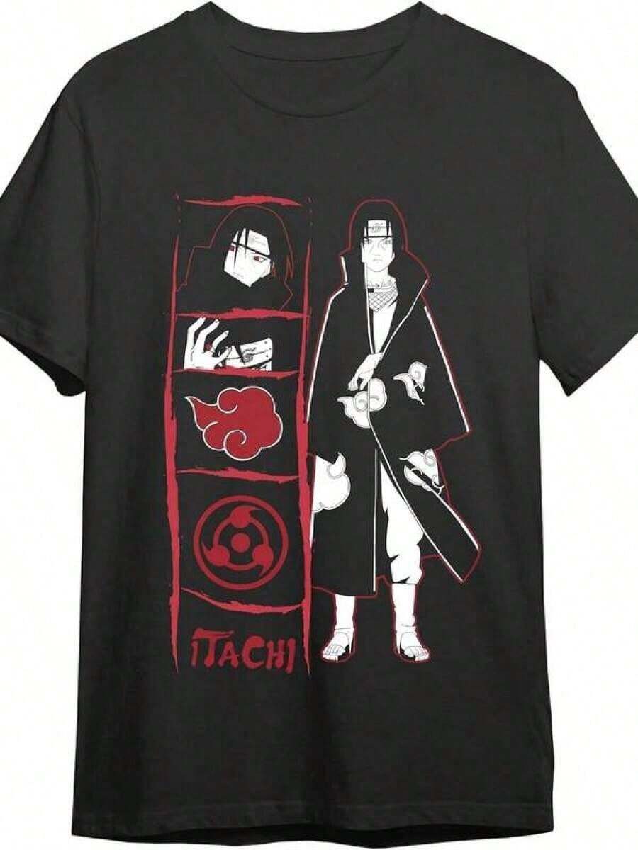 Camiseta de Algodón Vintage de Anime Japonés, Tops de Verano, Conjunto Familiar a Juego, Camiseta Unisex de Comic Studio Itachi Uchiha XL, Regalos en Blanco y Negro para Fanáticos del Anime, Tallas para Adultos y Niños - Negro - Ver 1
