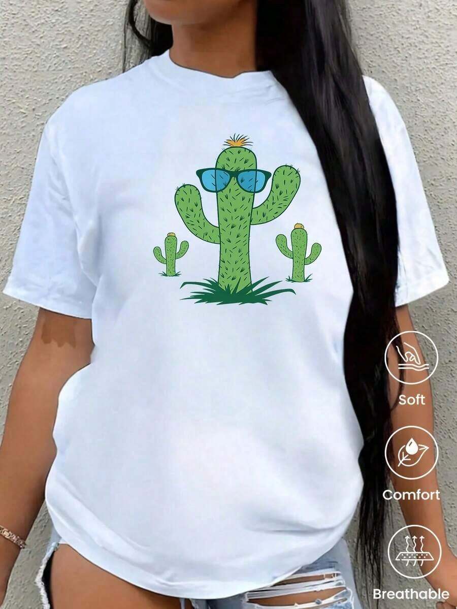 Camiseta de cuello redondo y mangas cortas de ropa fashion, fabricada en México, para la temporada primavera-verano 2025. Con estampado de dibujos animados, es un modelo de pareja, apta para usar tanto por dentro como por fuera, ideal para oficina y estilo casual, diseñada para hombres y mujeres, en unidad individual. - Blanco - Ver 1