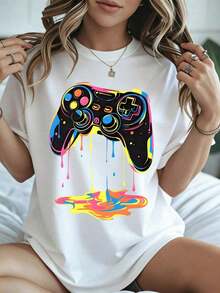 Stylish And Casual, Women's Short-Sleeved T-Shirt, Casual Summer T-Shirt With Colorful Game Controller Print, White T-Shirt For Outdoor Gaming Parties, Spring And Summer Clothing. - 白色 - 查看 8