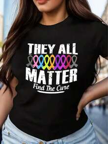 Camiseta de prevención del cáncer de mama para mujeres - Todas son importantes - Negra con rayas rosas y texto blanco - Camiseta casual de manga corta y cuello redondo, suave y cómoda, adecuada para eventos benéficos, actividades de promoción y grupos de apoyo - Ideal para usar en primavera y verano, mercancía para recaudación de fondos, ropa de verano, camiseta estampada, material ligero, tela cómoda, ropa benéfica, para participantes en recaudación de fondos, apoyadoras femeninas. - Negro - Ver 7