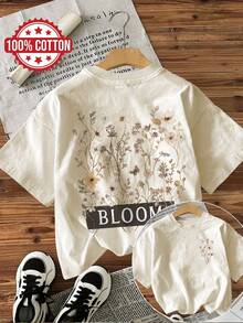 Camiseta de edición limitada con estampado gráfico, manga corta, cuello redondo, top casual para verano y primavera, ropa de mujer, algodón ligero. - Albaricoque - Ver 1