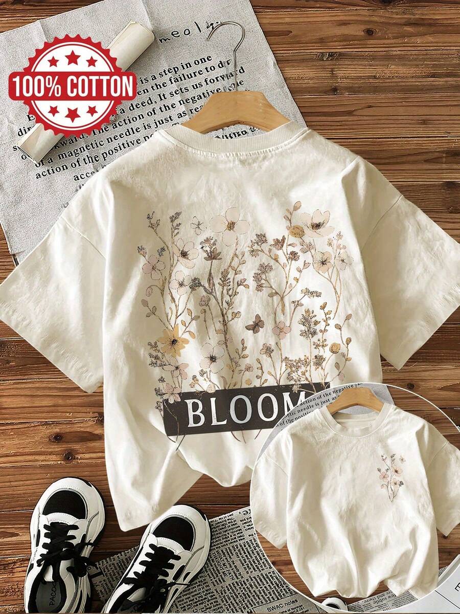 Camiseta de edición limitada con estampado gráfico, manga corta, cuello redondo, top casual para verano y primavera, ropa de mujer, algodón ligero. - Albaricoque - Ver 1