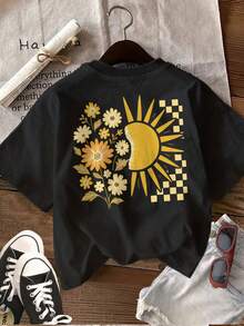 Limited Edition Graphic Print T-Shirt, Short Sleeves, Round Neck, Casual Top For Summer And Spring, Women's Clothing, Lightweight Cotton. - 黑色 - 查看 2
